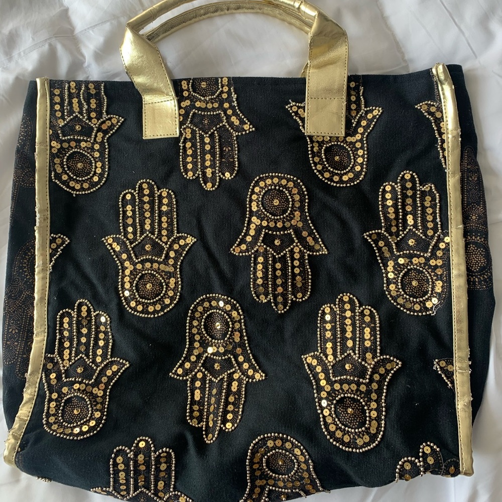 Hamsa gold and black tote bag